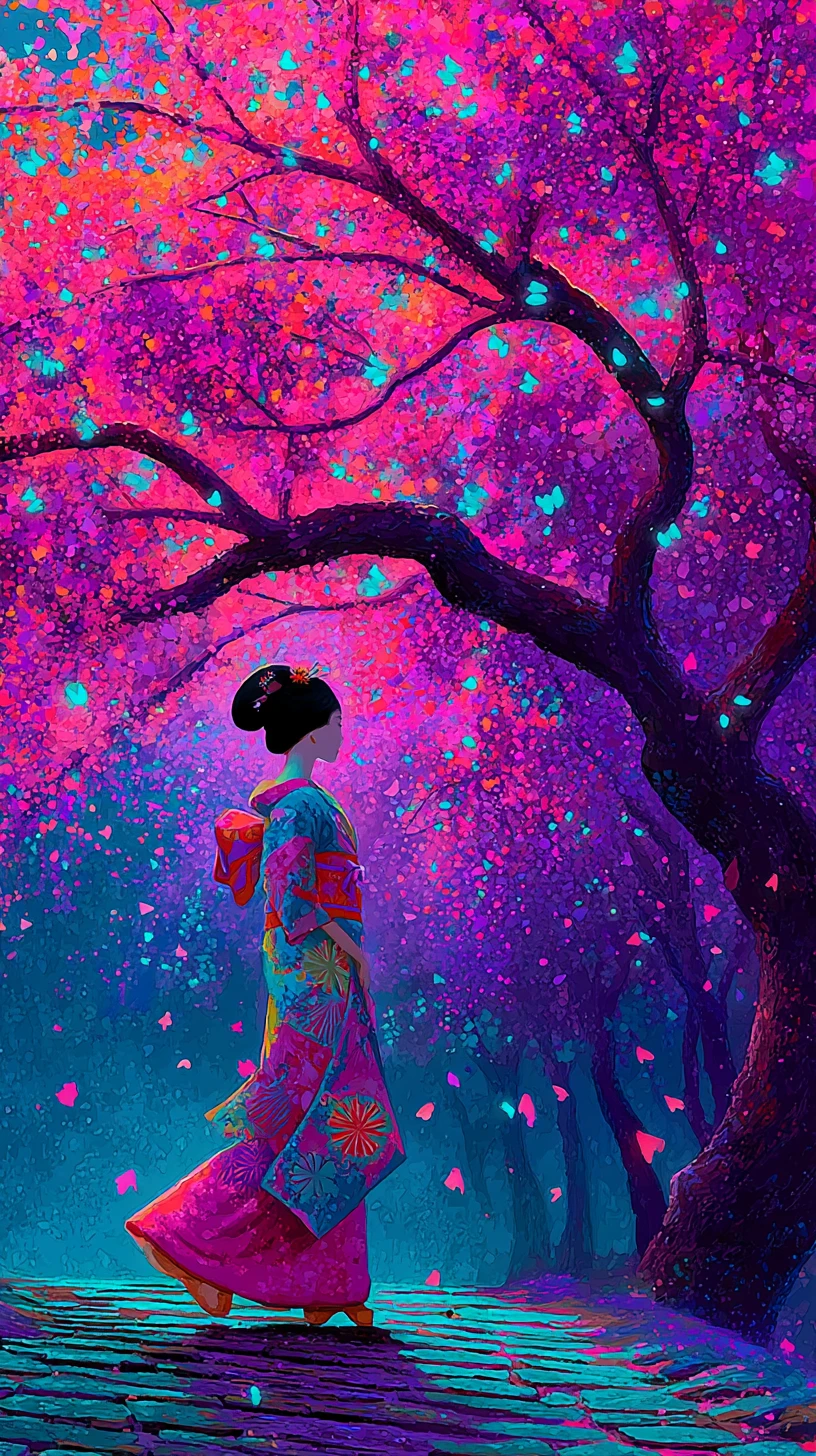 Neon-Geisha unter leuchtendem Kirschblütenbaum