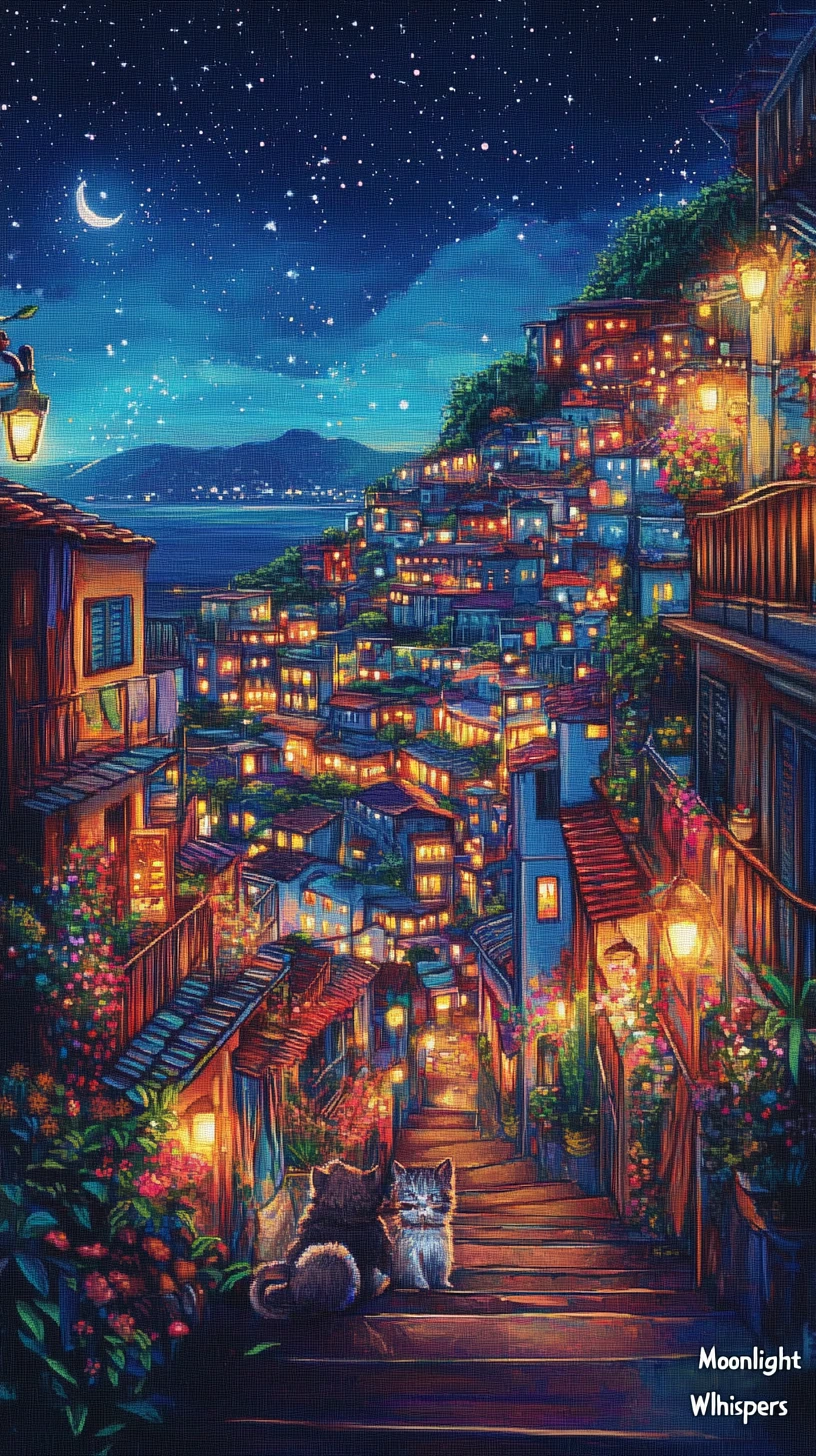 Cidade colorida na montanha à noite com gato e cachorro