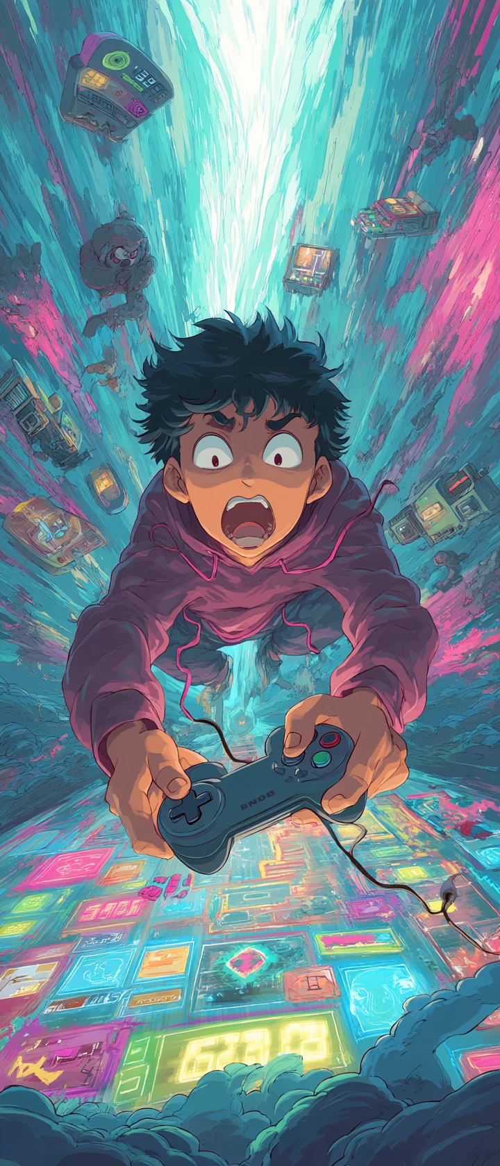 Gamer d’anime choqué tandis qu’une manette consciente fait le speedrun de sa vie