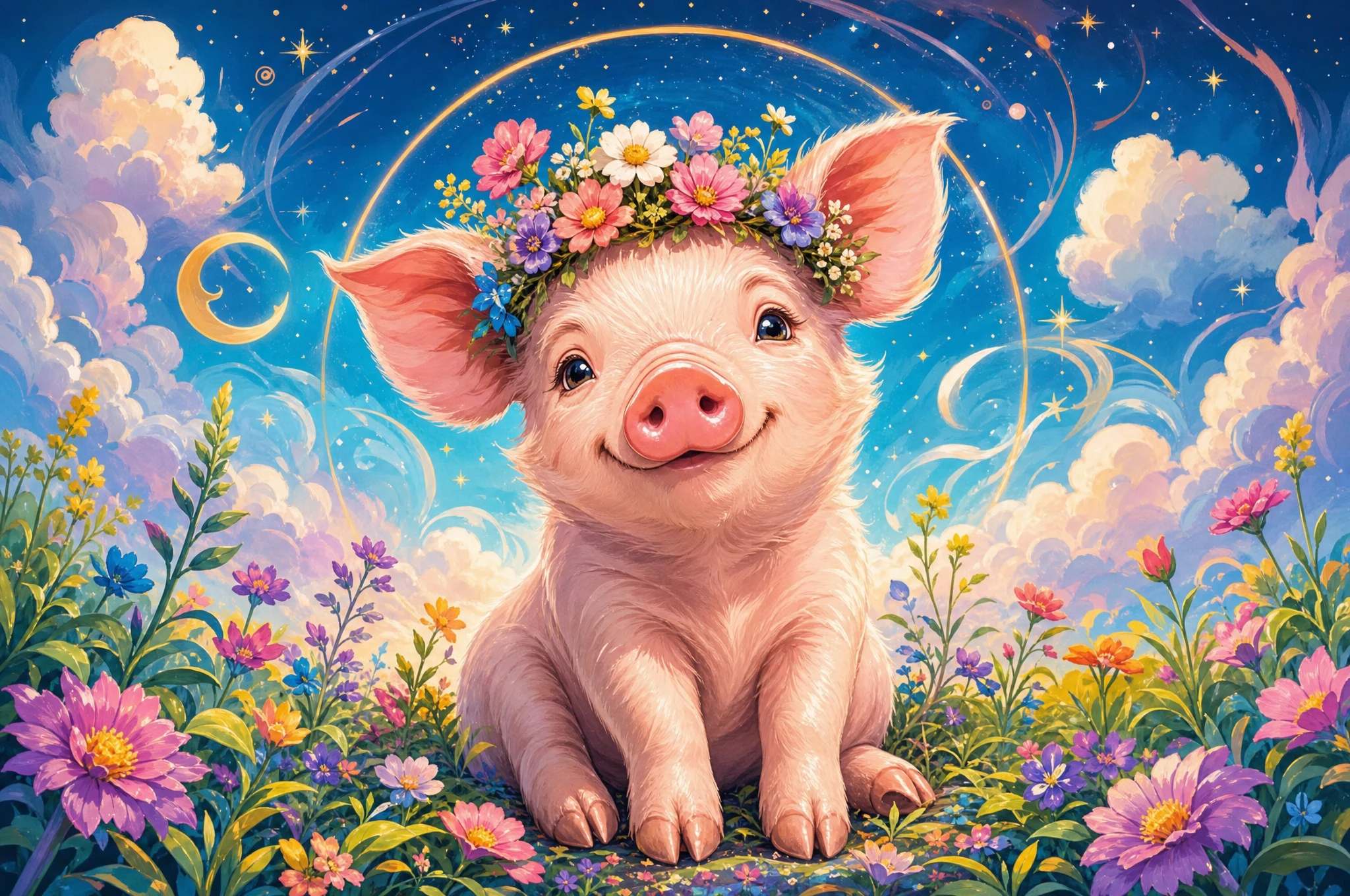 Ilustração de filhote de porco fofo com coroa de flores colorida
