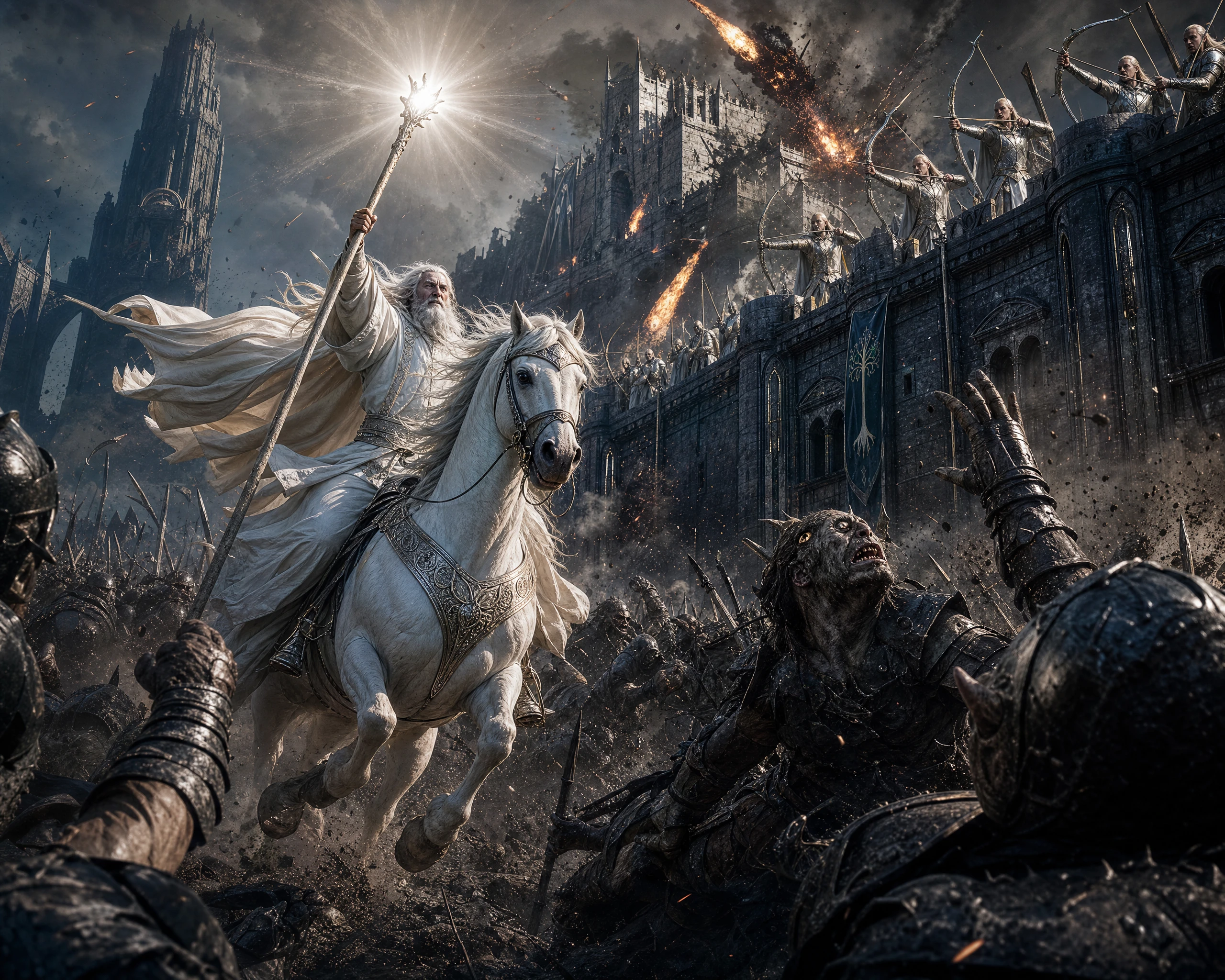 Mago branco investindo contra exército de orcs em cavalo galopante