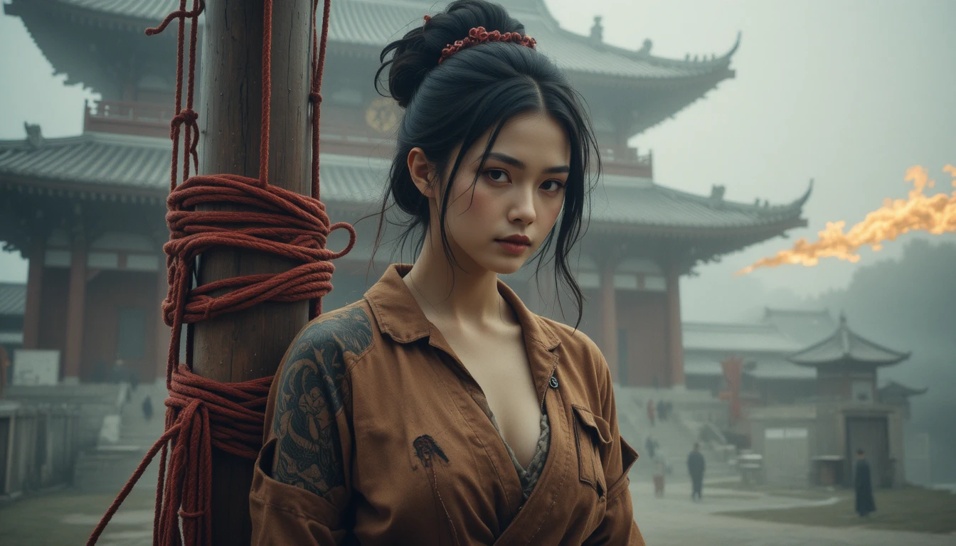 柱に縛られた日本人女性と近くのドラゴン