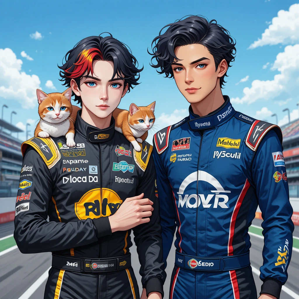 Pilotos de corrida em estilo anime de mãos dadas na pista