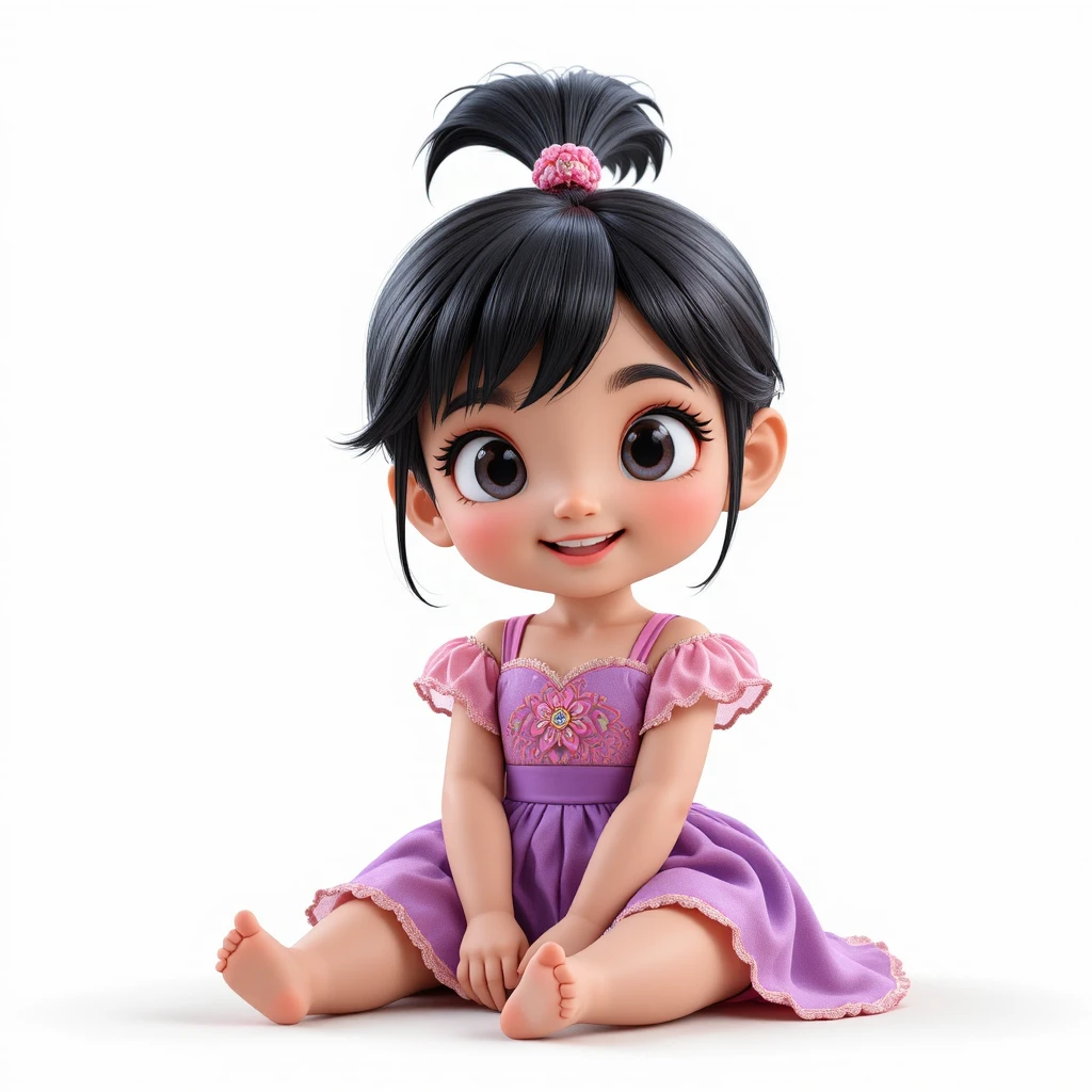 Adorable fille cartoon 3D assise joyeusement sur fond blanc
