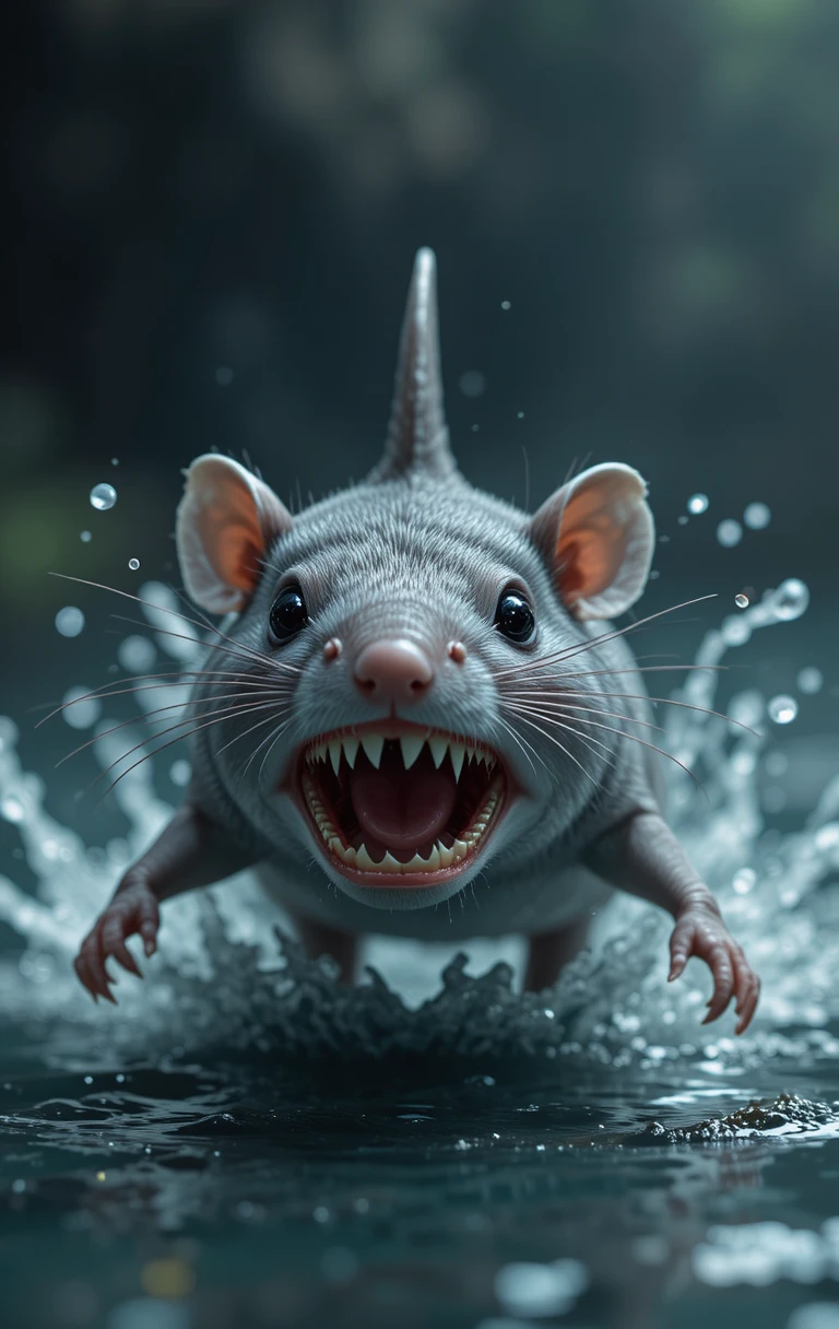 Rato cinza com barbatana de tubarão nadando de forma ameaçadora em mar aberto