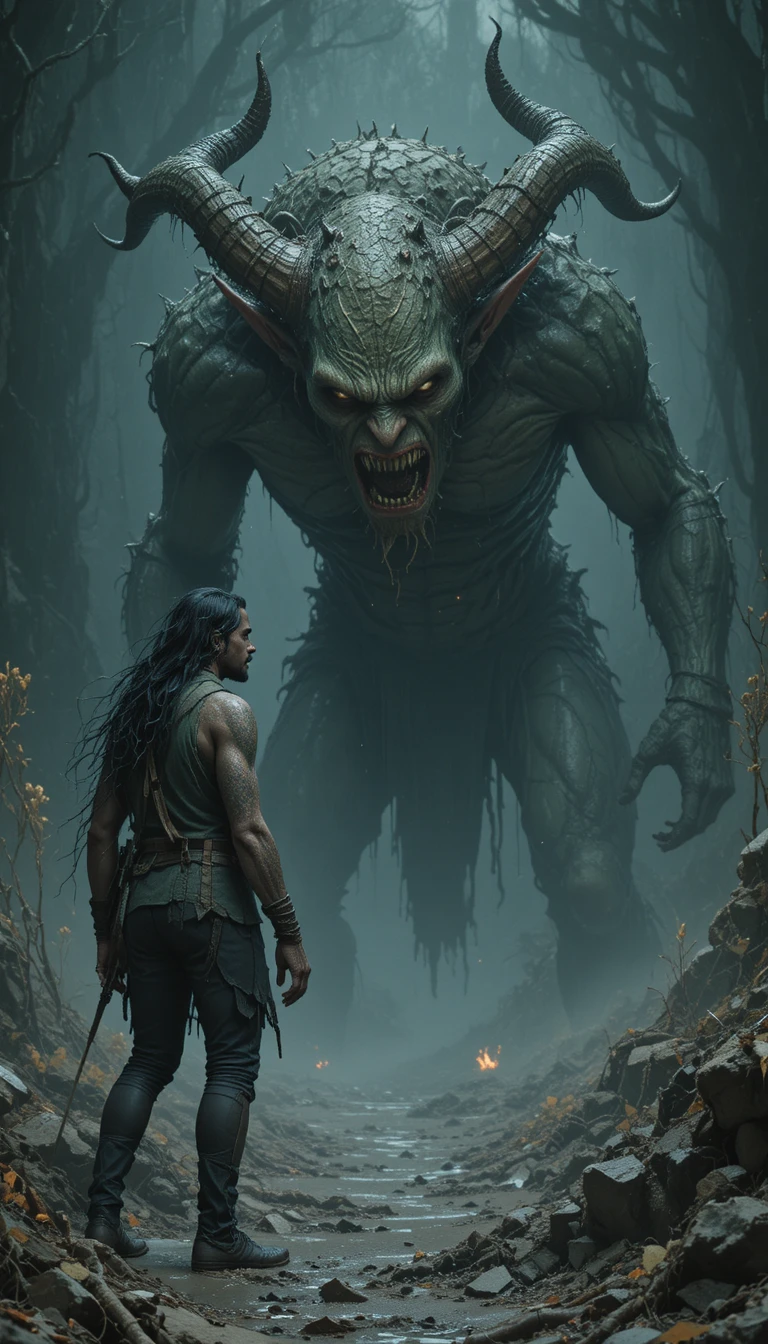 Tiefling apavorado encara um troll grotesco em decomposição