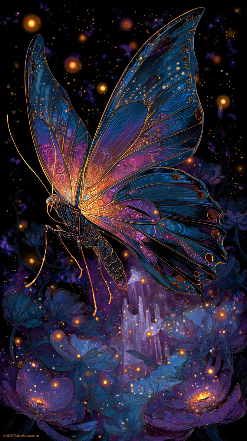 Borboleta Brilhante Flutuando em um Céu Noturno Celestial