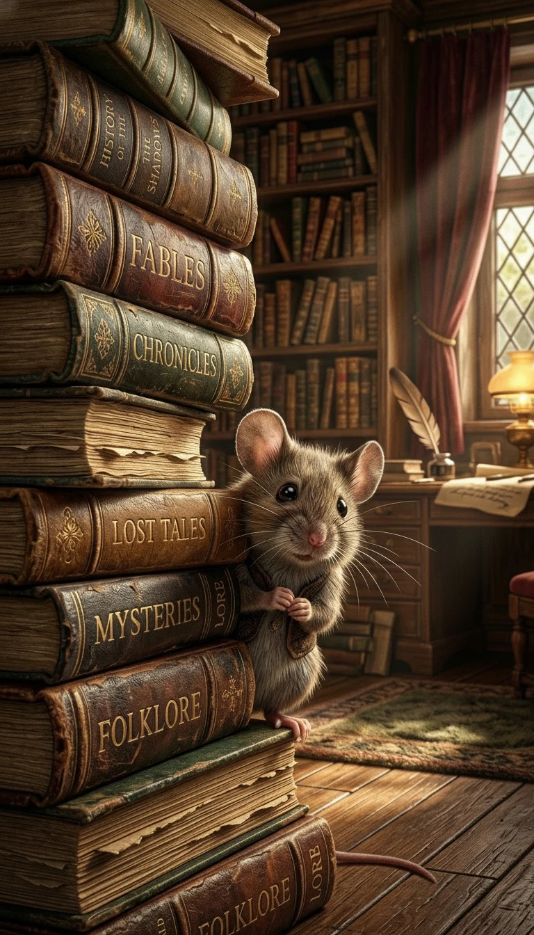 Pequeno rato escondido atrás de livros em luz quente e dramática