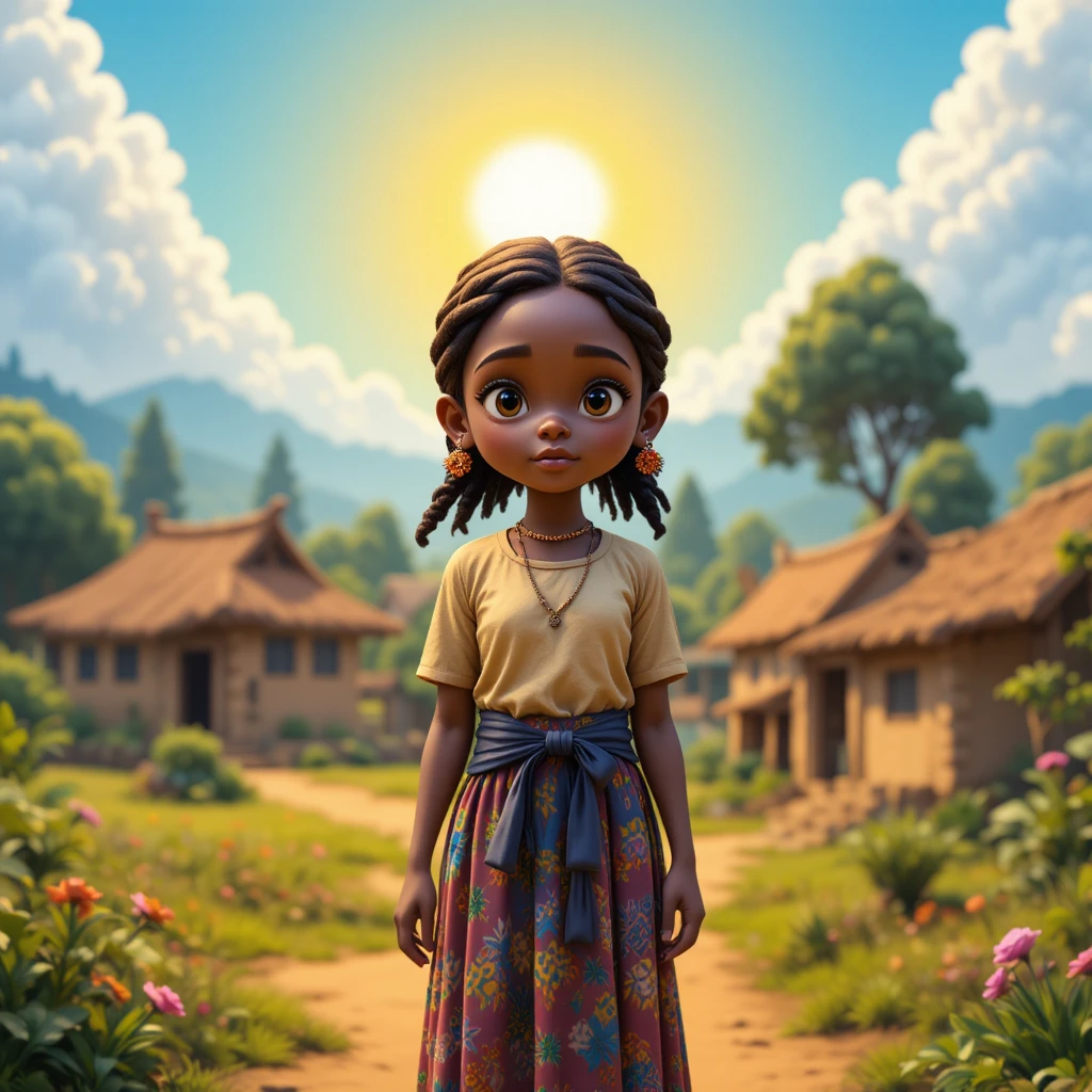 Junges Mädchen aus Malawi in einem sonnenbeschienenen Pixel-Art-Dorf