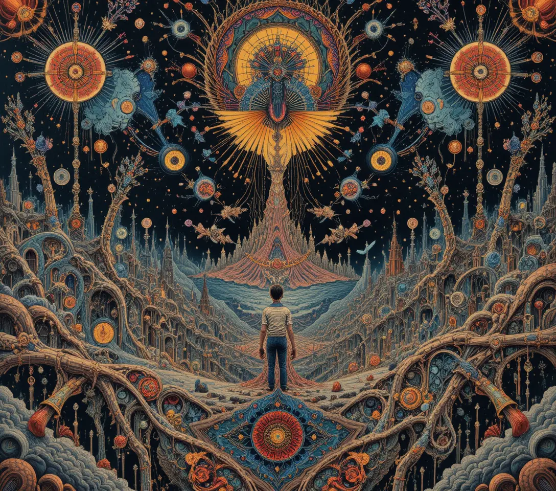 Psychedelic symmetrical landscape of dense abstract patterns