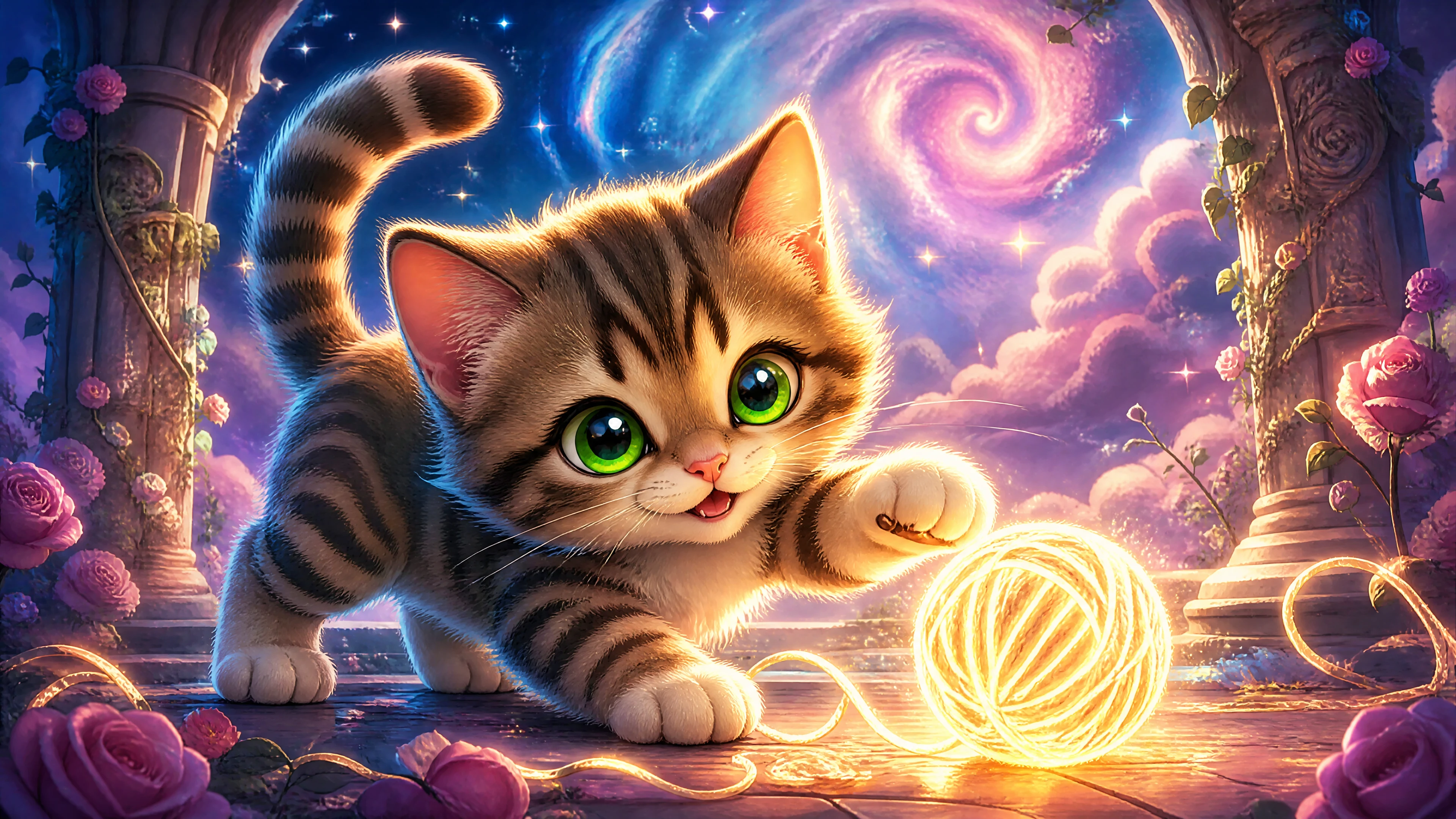 Gatinho tigrado fofo em desenho animado brincando com novelo de lã brilhante