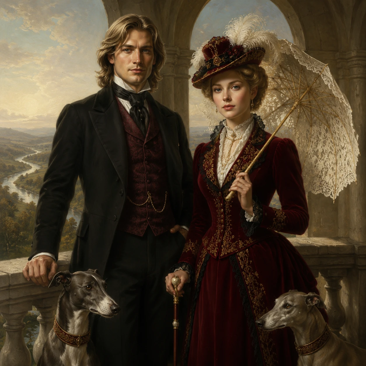 Victorian siblings with greyhounds on a marble balcony