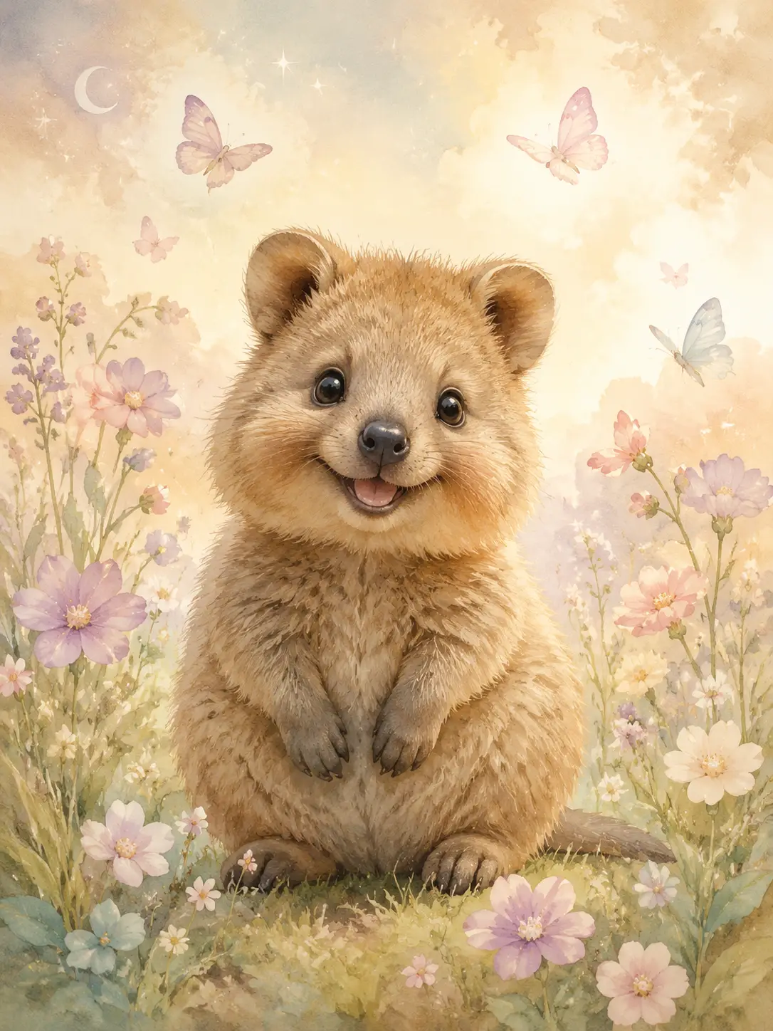 柔和花草草地上坐著的可愛小短尾矮袋鼠插畫