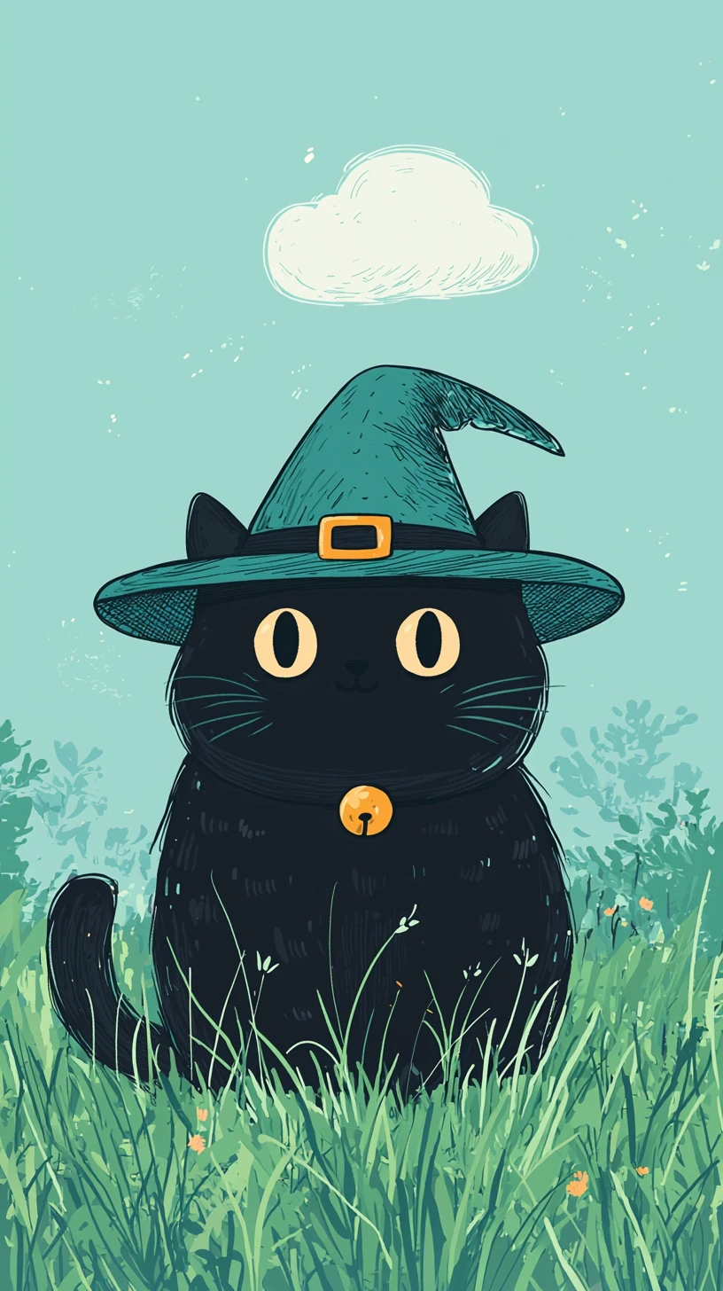 Gato preto minimalista na grama com mini chapéu de bruxa