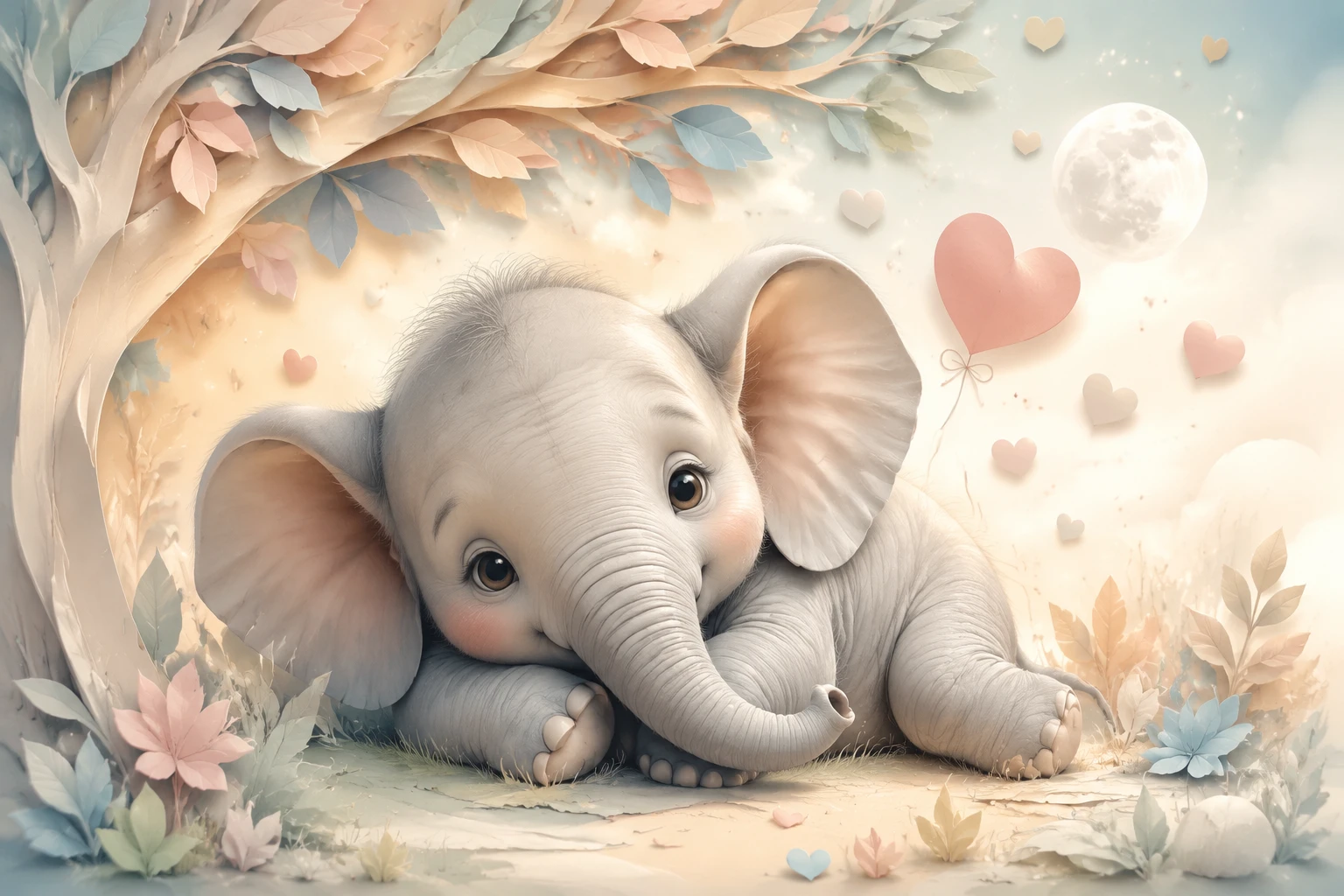 Ilustração Fofa de Bebê Elefante para Quarto Infantil com Detalhes em Tons Pastel