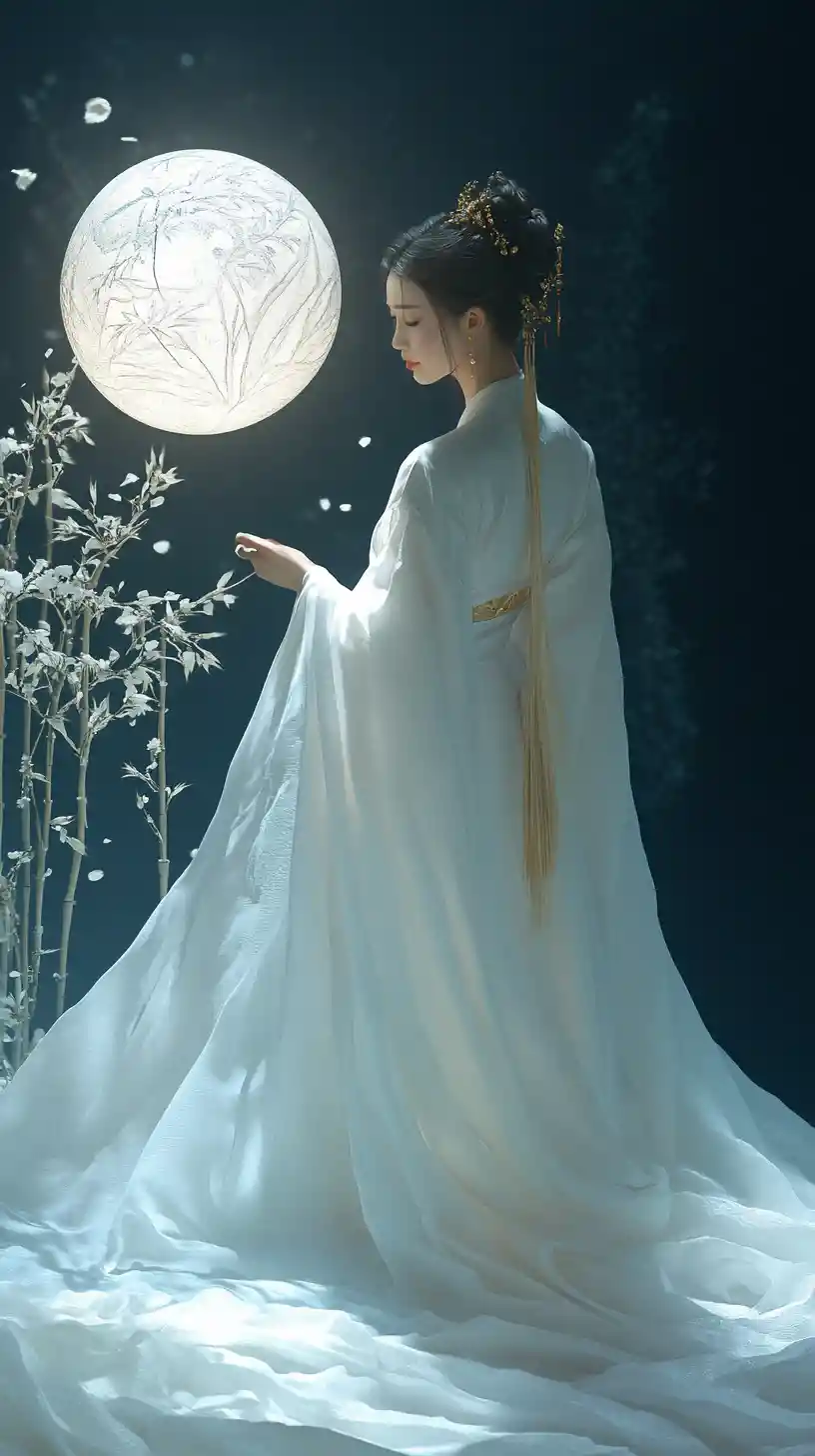 Femme éthérée en hanfu blanc à côté d’un orbe lumineux