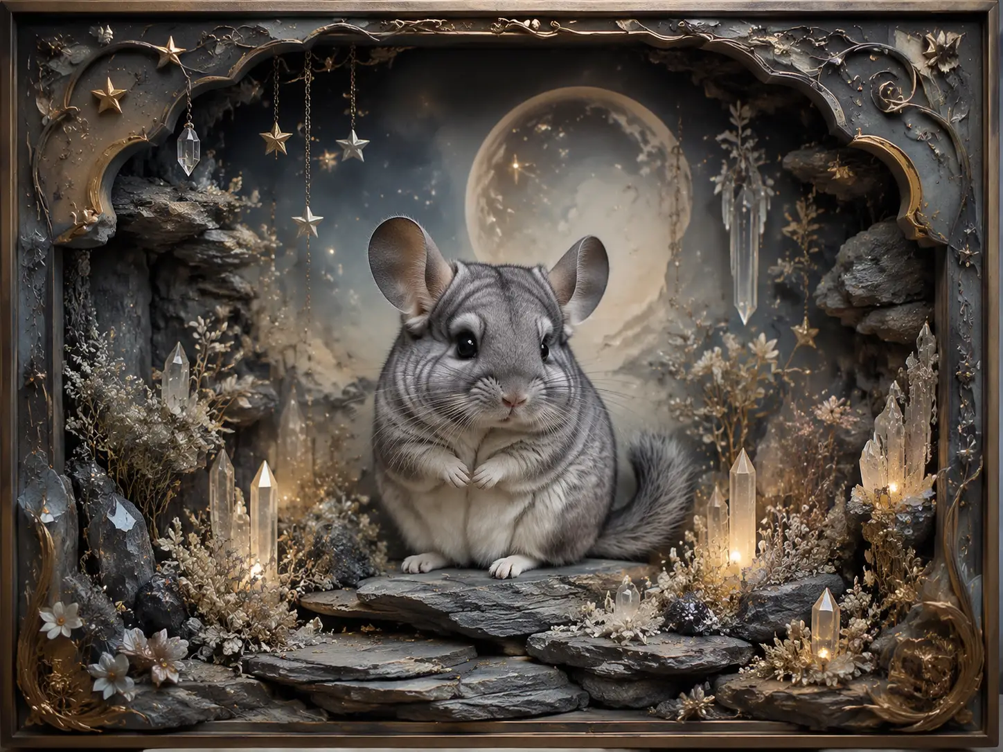 Adorabile Cucciolo di Cincillà in una Scatola delle Ombre Rocciosa in Miniatura Luminescente