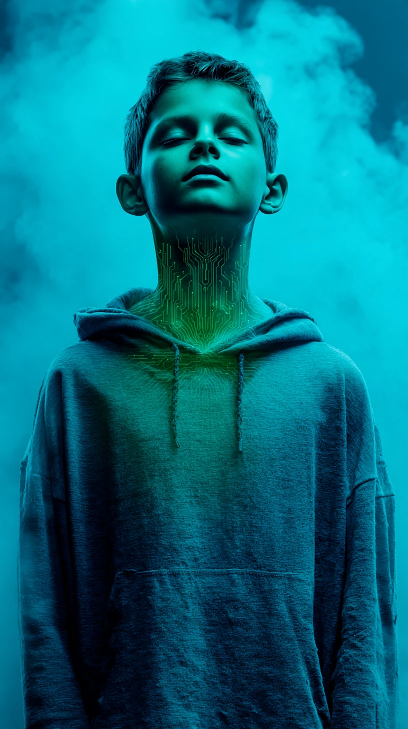 Retrato sci‑fi surreal de humanoide brilhante em névoa índigo