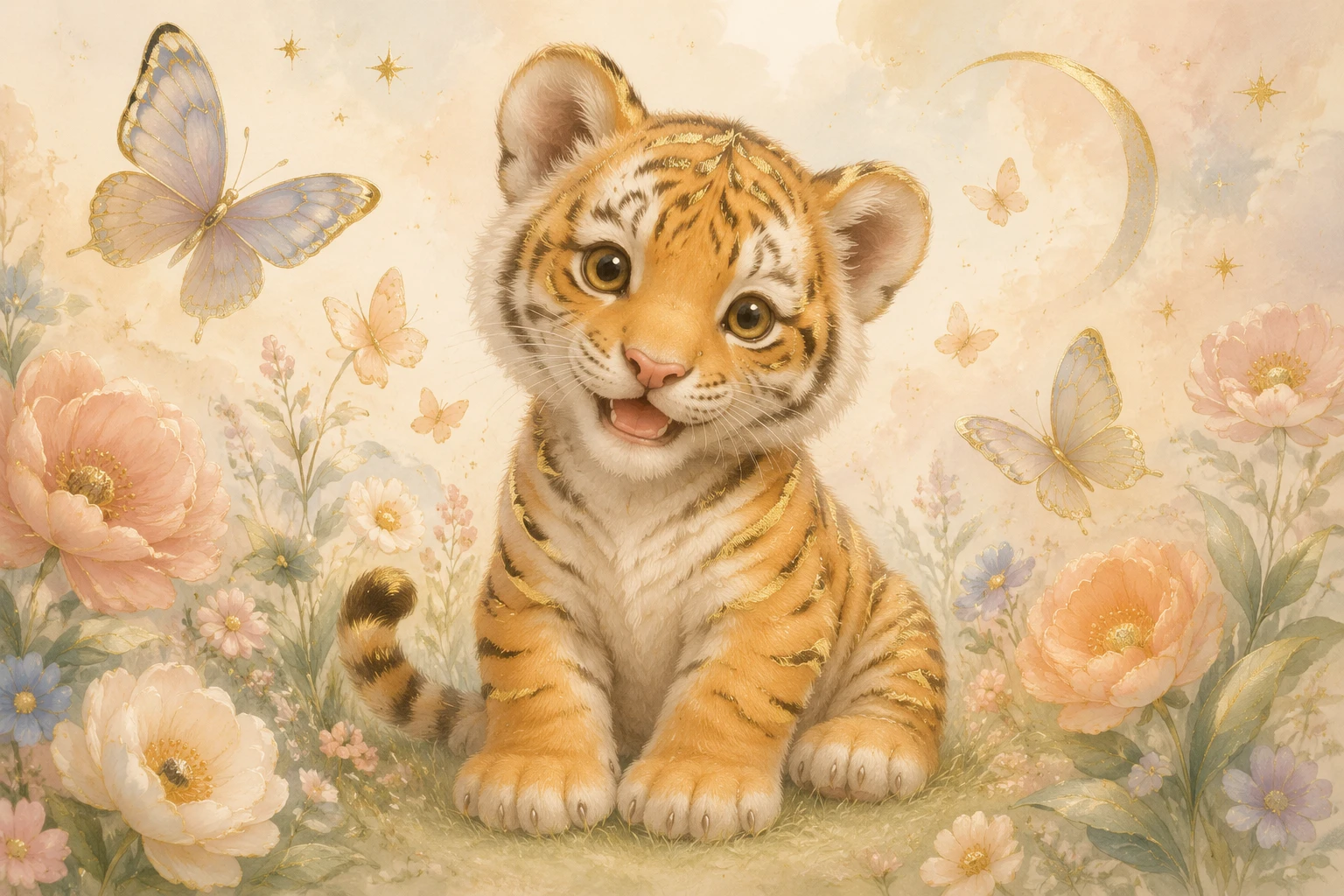 Adorable bébé tigre avec des papillons dans une douce illustration de nursery