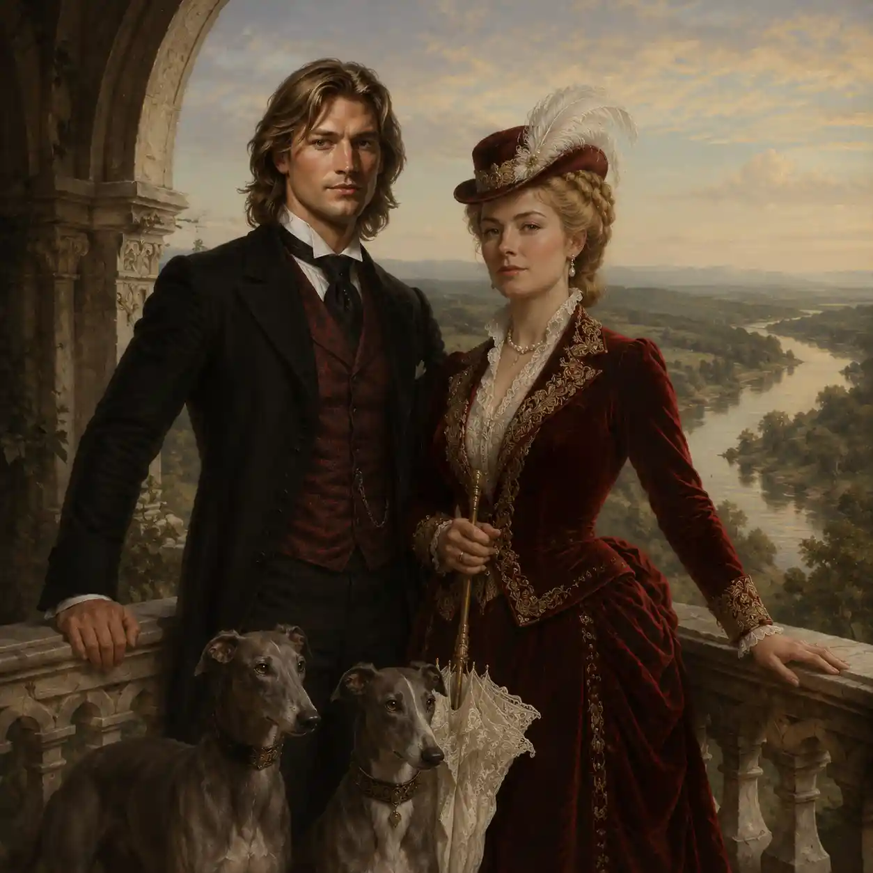 Victorian siblings on a marble balcony with greyhounds
