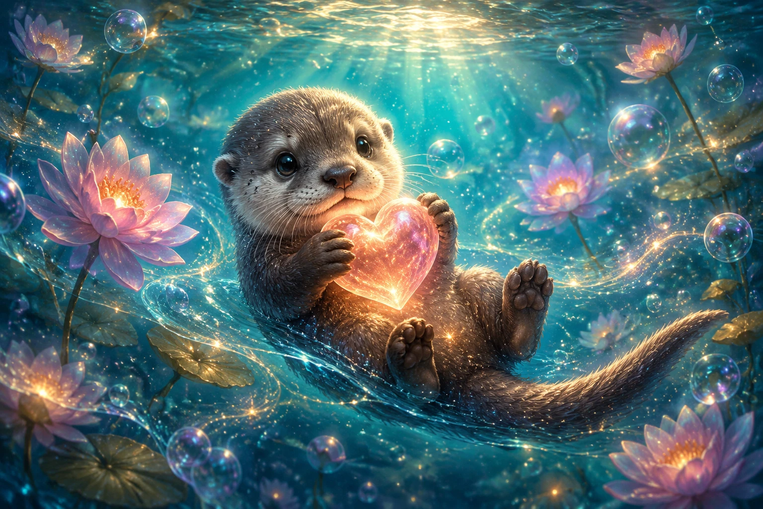 Süßes Baby-Otter hält ein leuchtendes Herz unter Wasser