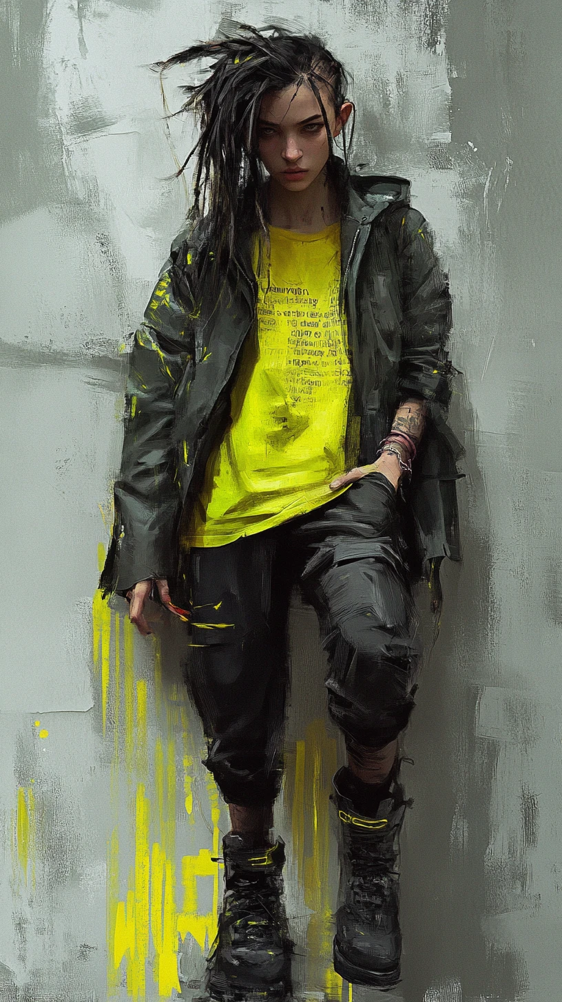 Figura andrógina em streetwear neon com respingos de tinta amarela