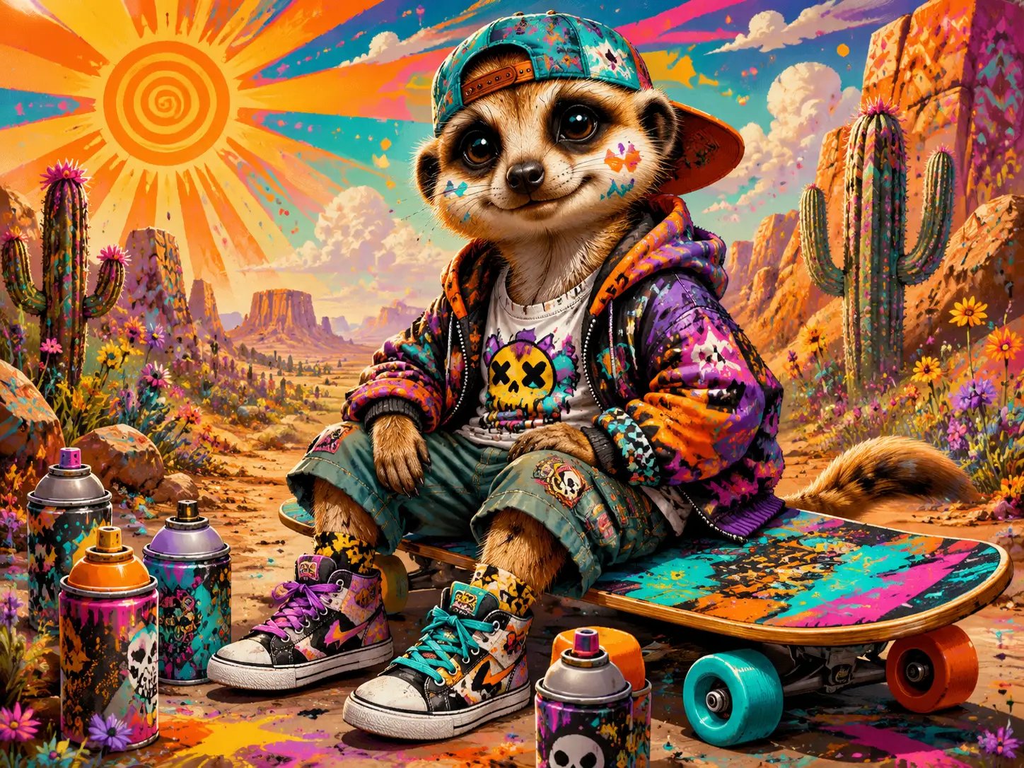Playful Baby Meerkat Skater In Colorful Desert Scene