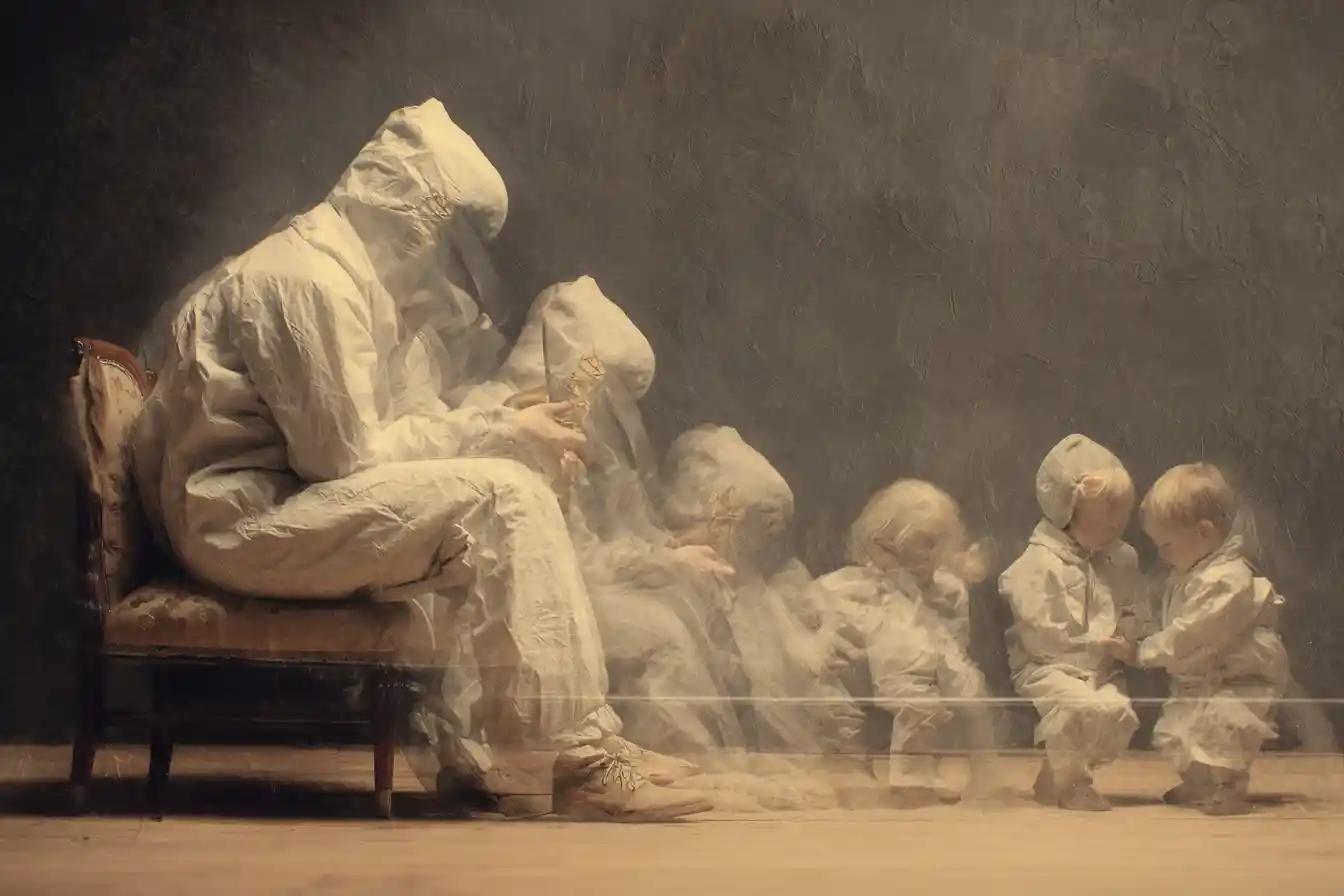 Surreal illusion of a mother and child in layered visions