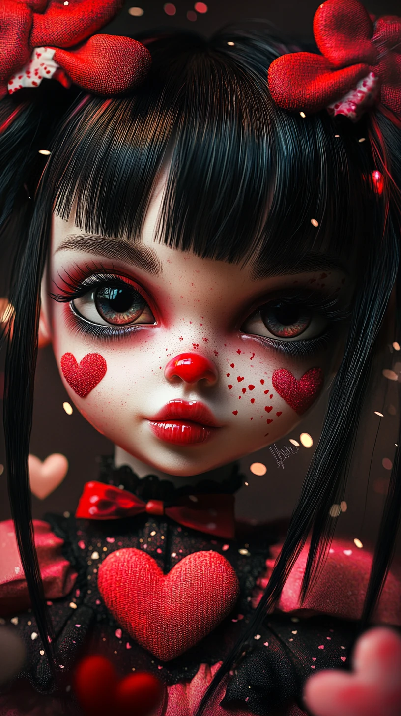 Playful doll like girl with glossy eyes and hearts