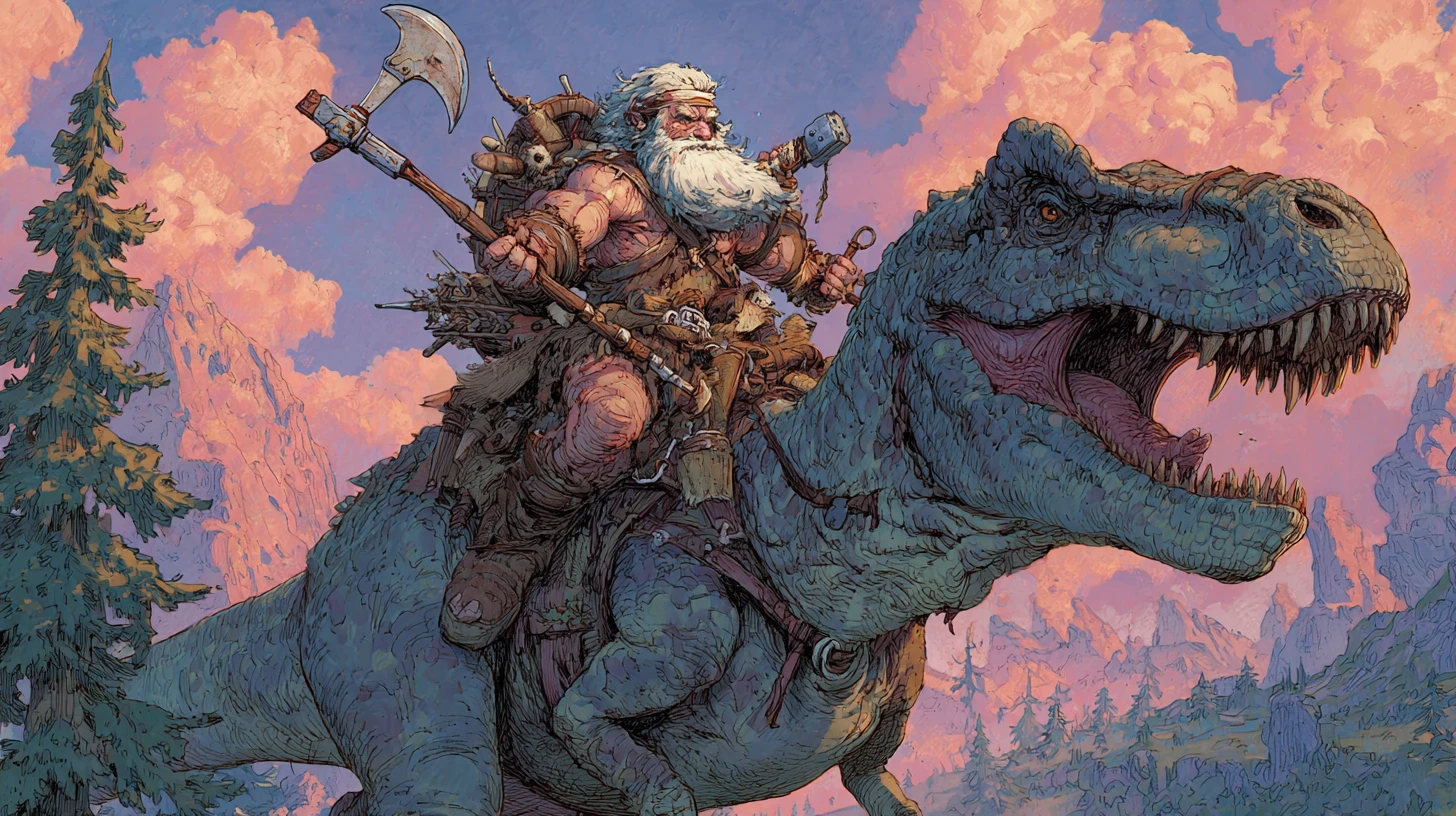 Velho bárbaro cavalgando um tiranossauro por uma planície florestada