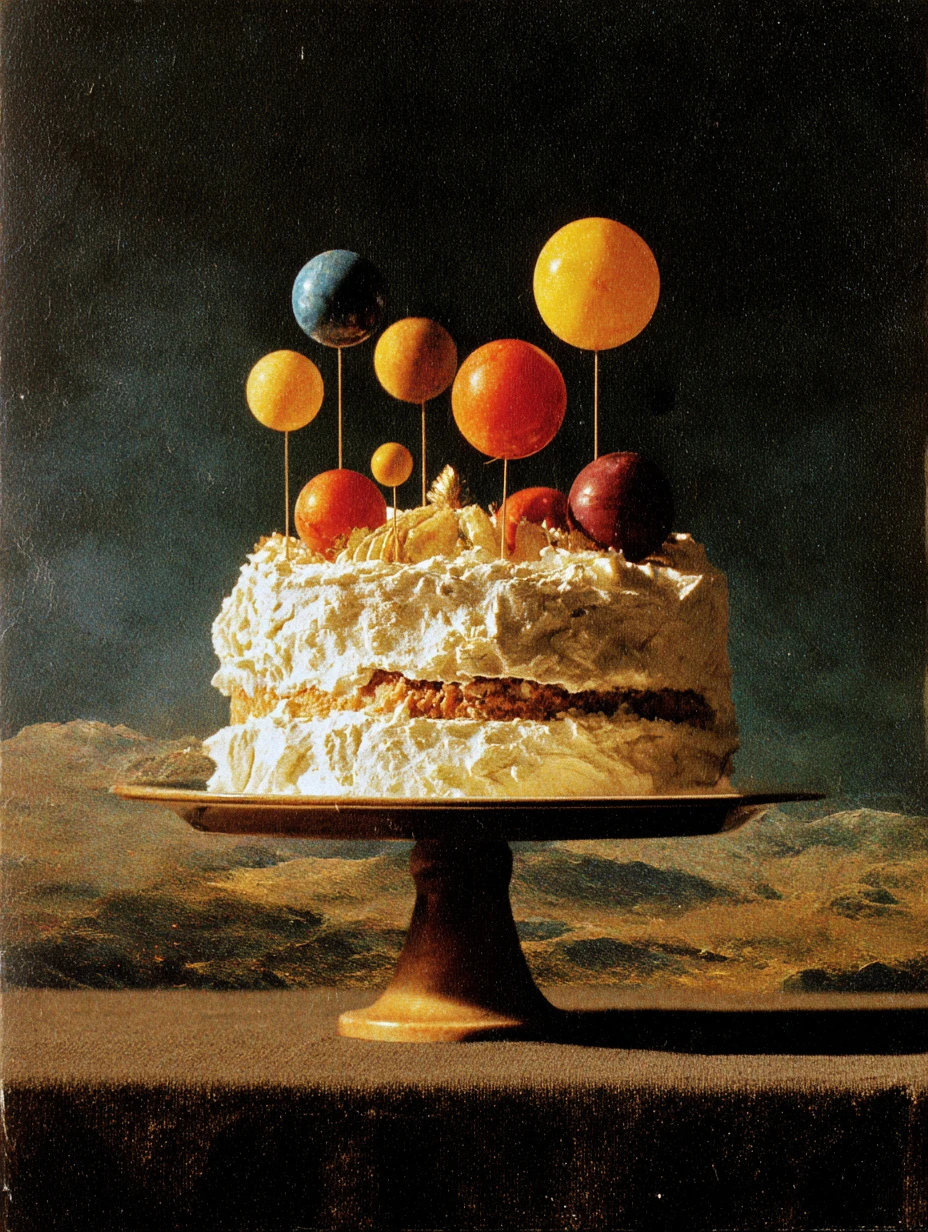 Bolo de aniversário surreal em uma cena de colagem vintage sombria