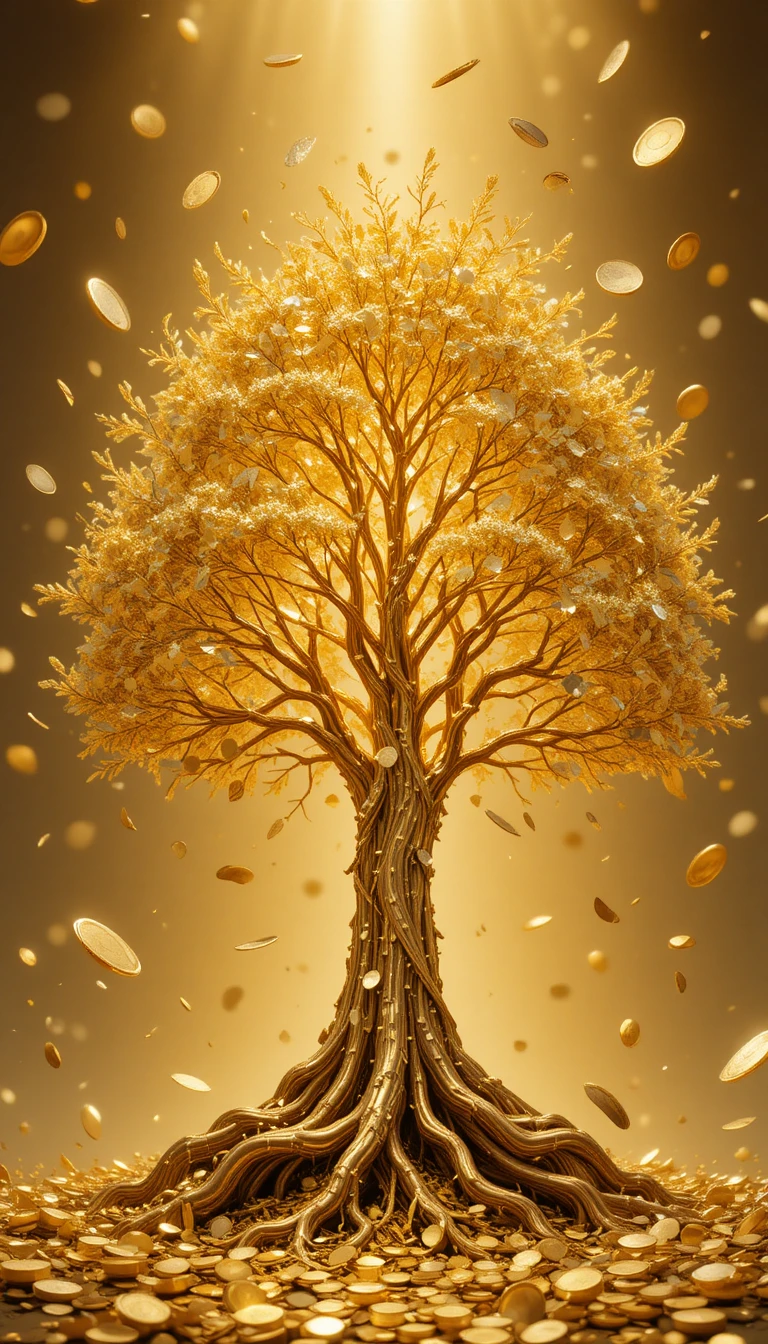 Árbol de dinero dorado brillando sobre un fondo abstracto radiante