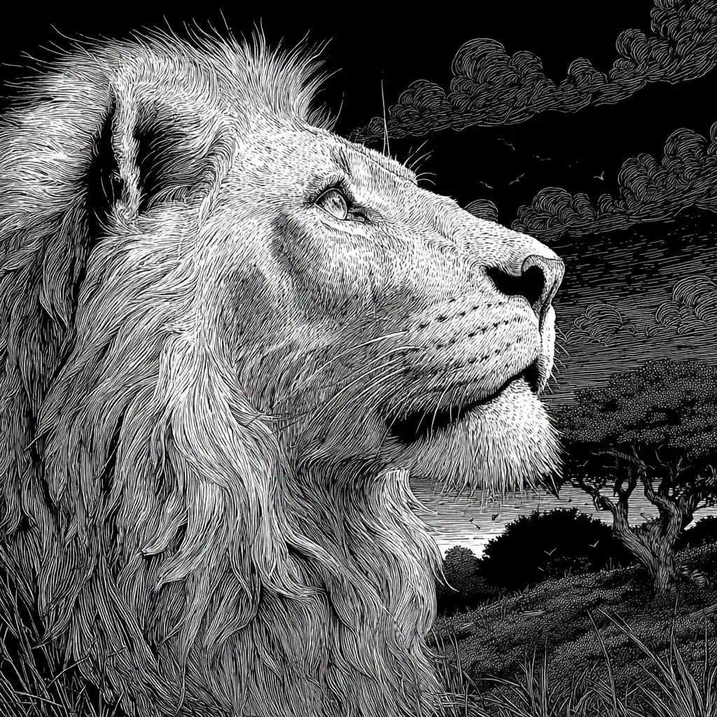 Intricate line art illustration of a majestic lion