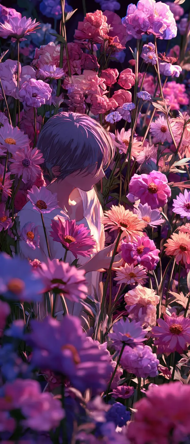 Anime florist tending a garden of living ink portraits