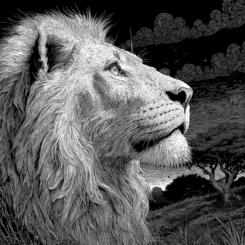 雄偉獅子的精緻線條藝術插畫
