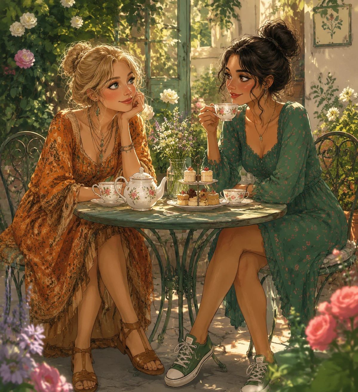 Duas amigas compartilhando chá em uma mesa aconchegante no jardim