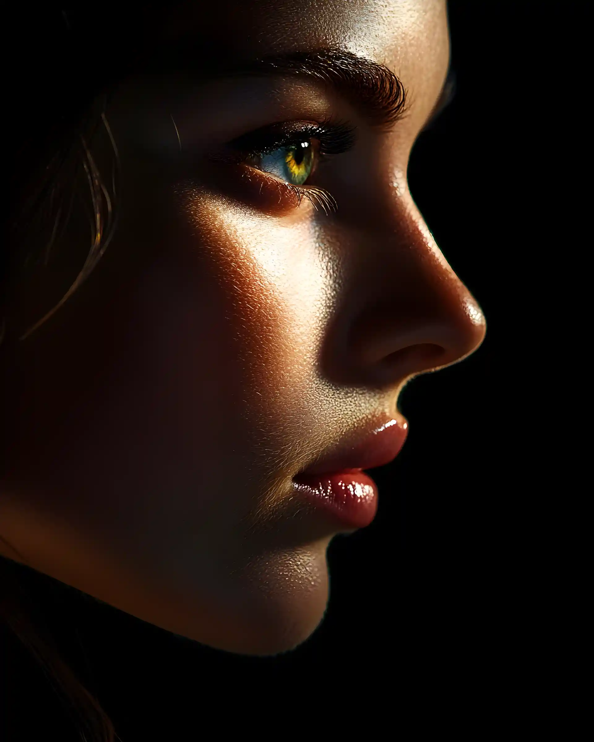 Close up profile portrait of a woman in deep shadow