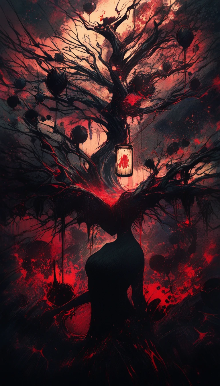 Creatura d’ombra surreale che si trasforma in un albero d’alcol contorto