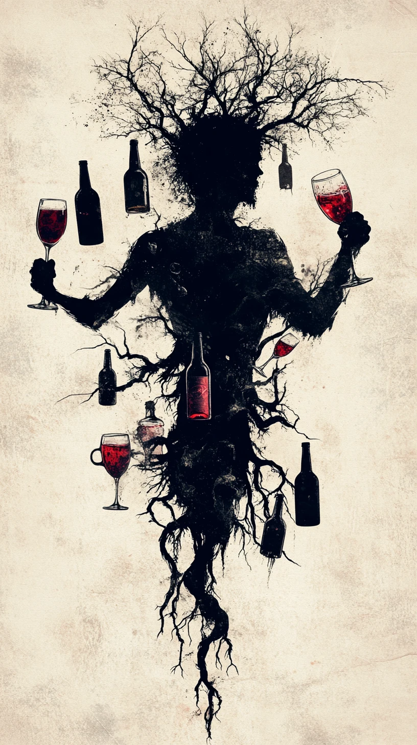 Surreales Schattenwesen, das sich in einen verdrehten Alkoholbaum verwandelt