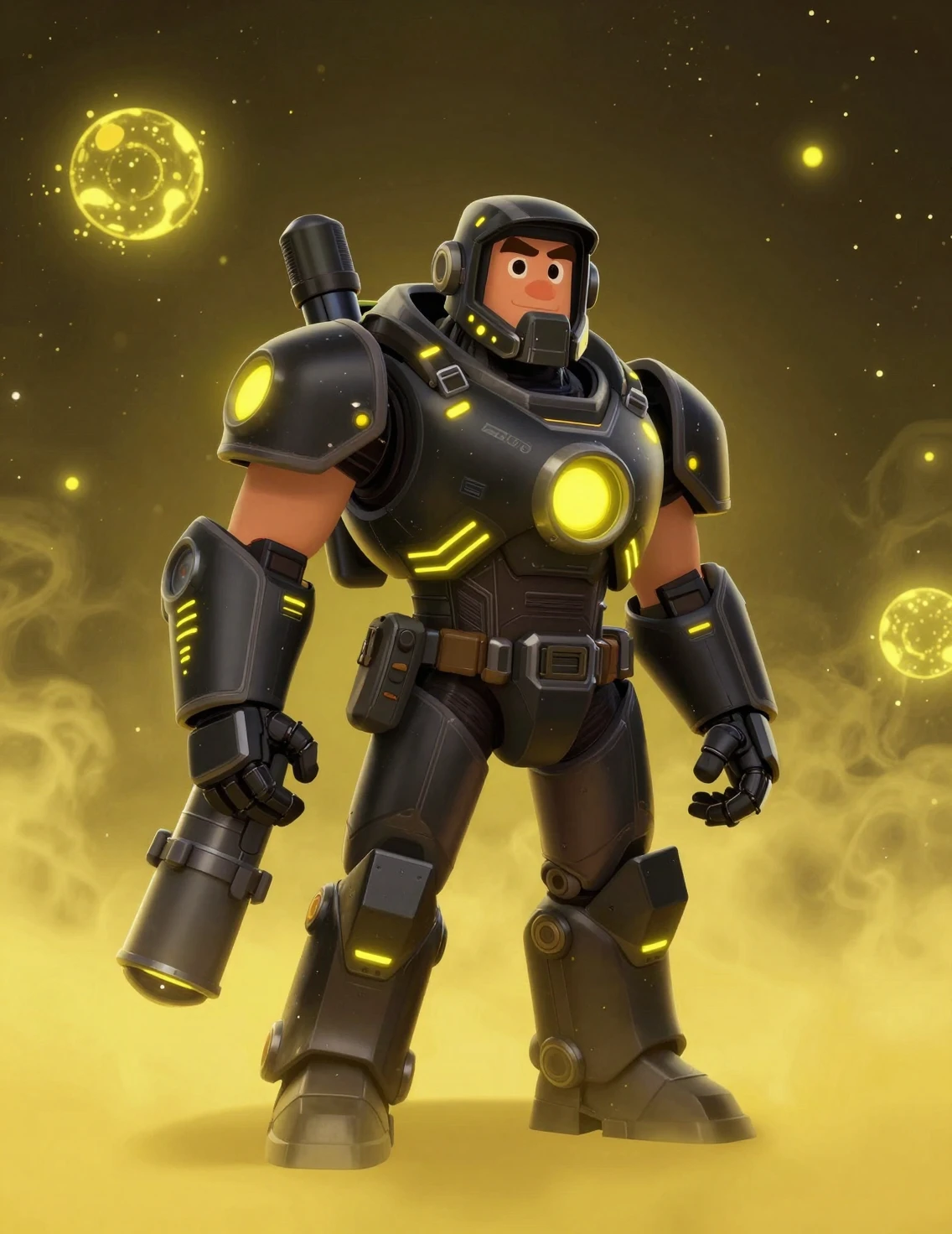 Soldado foguete blindado em tempestade espacial neon amarela