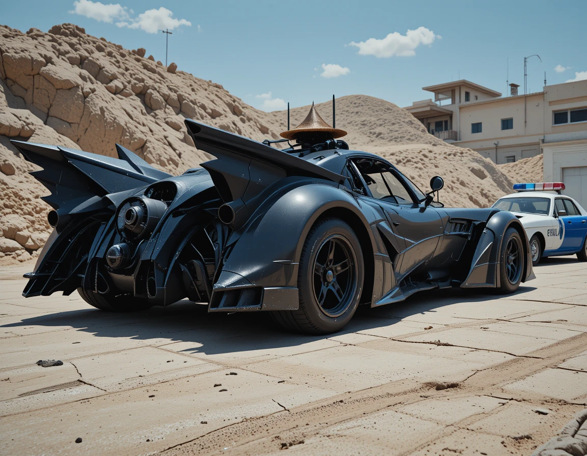 Carro preto futurista com capota aberta em rua ensolarada