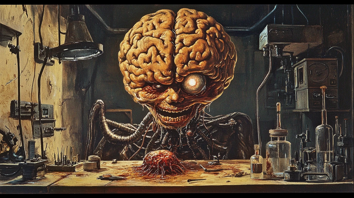 Monstro Cerebral Grotesco Fazendo Experimentos em Laboratório Gótico
