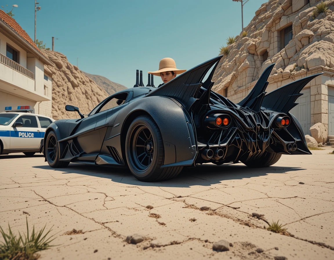 Carro preto futurista com capota aberta sob luz solar intensa