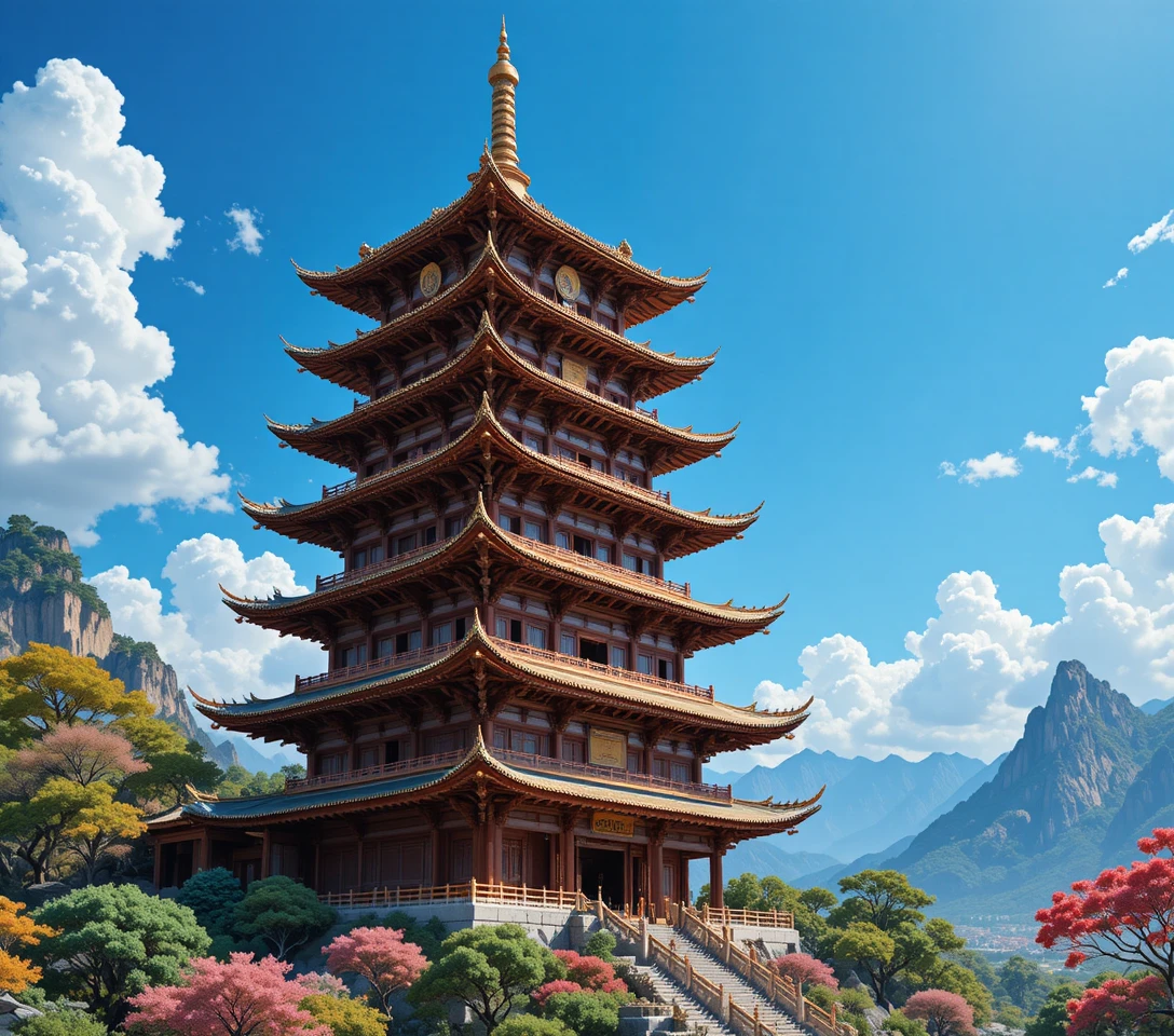 Imponente pagode chinês de múltiplos andares sob céu azul profundo