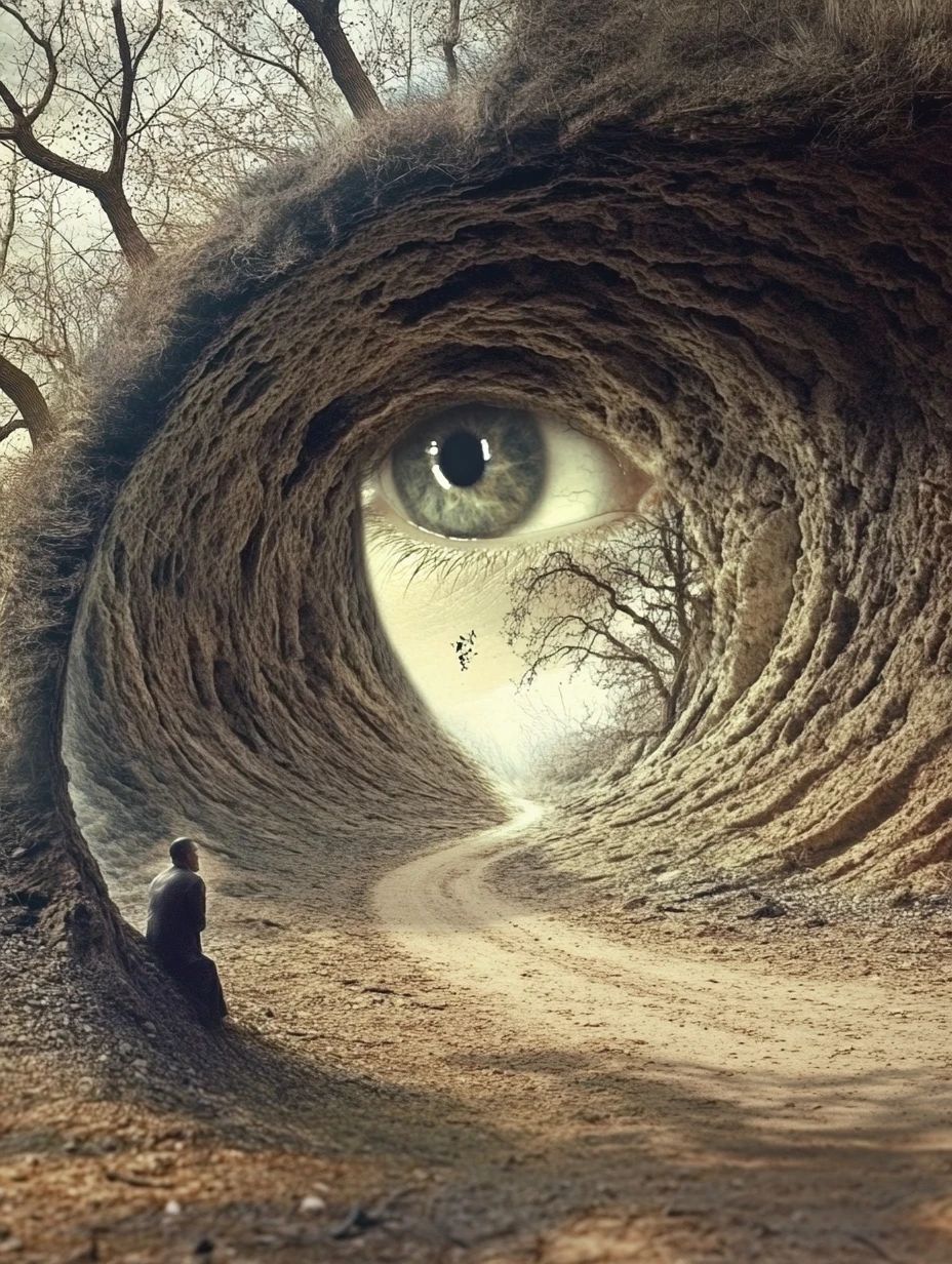 Ilusão visual surreal com várias imagens fundidas em uma só