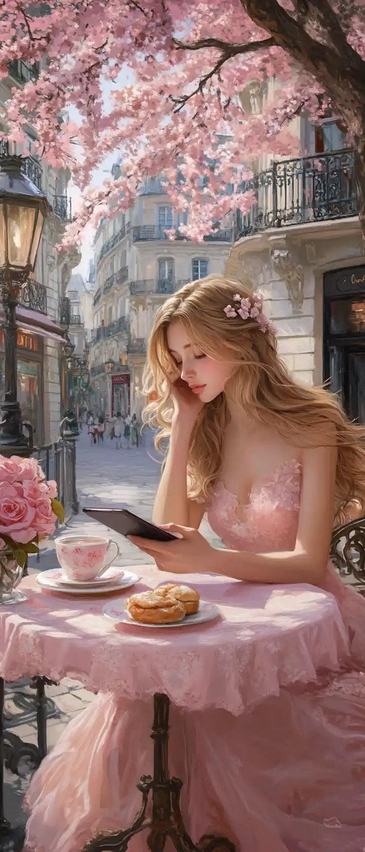 Young woman reading at a romantic Paris street cafe