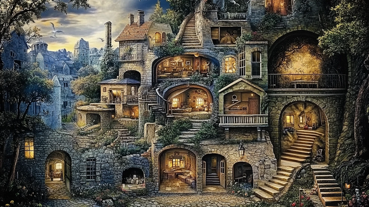 Paisagem onírica surreal de cenas interligadas de ilusão de ótica