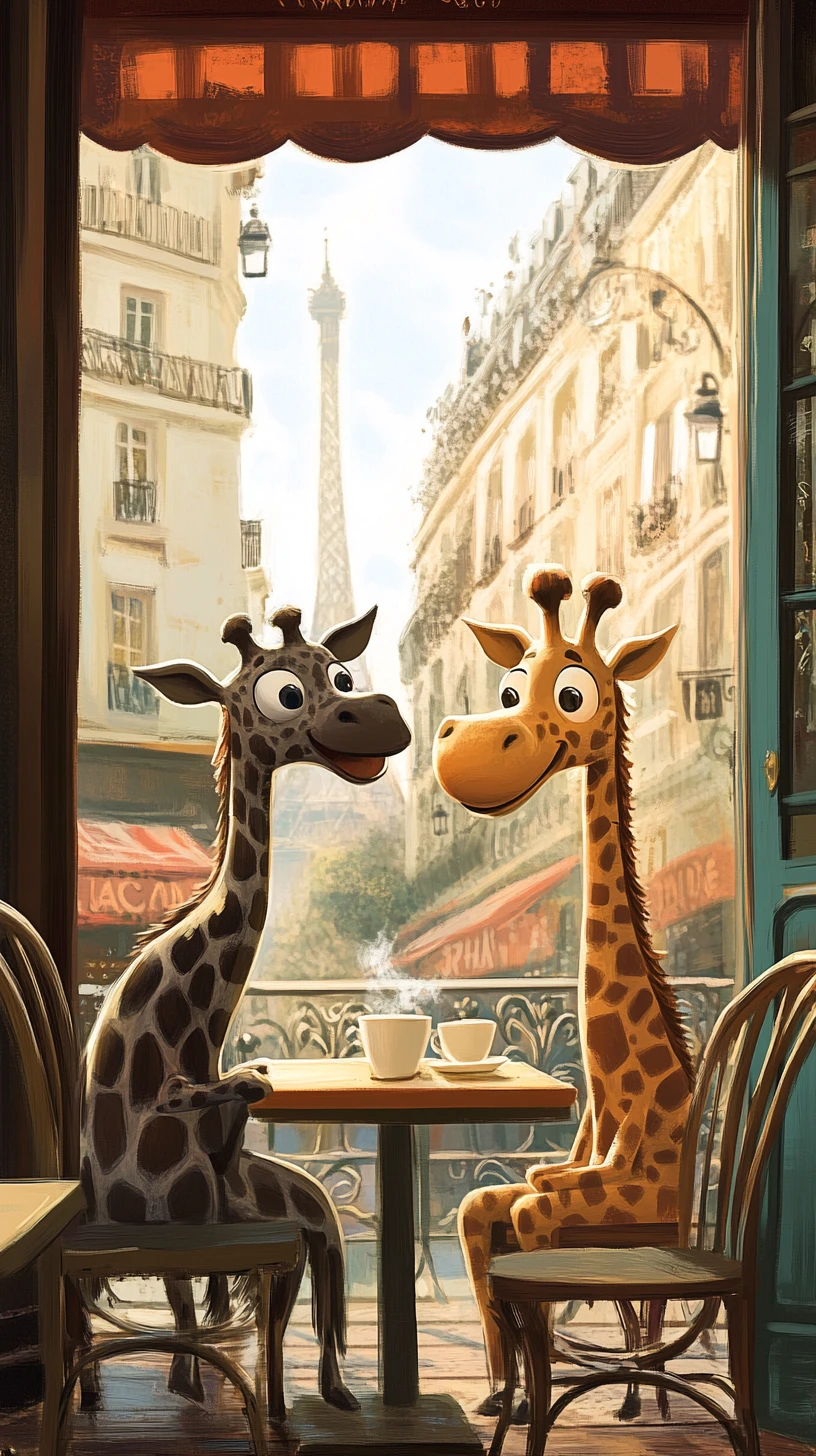 Hippopotame et girafe cartoon buvant du thé dans un café parisien