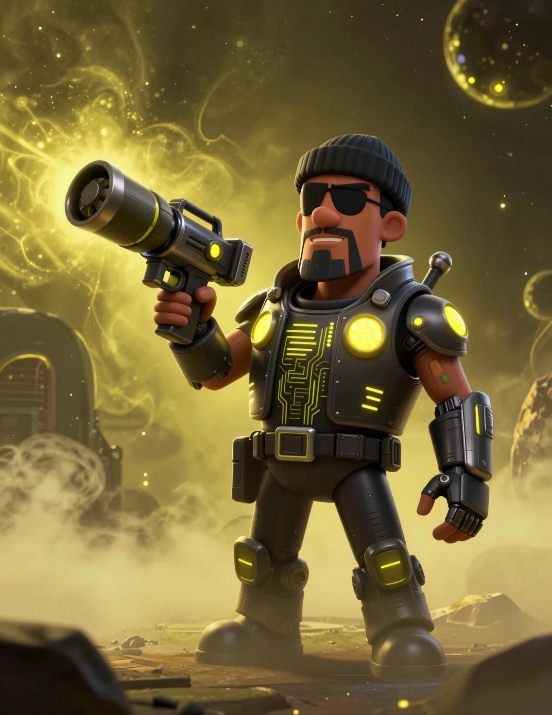 Guerrier de science-fiction cartoon en armure néon avec lance-grenades