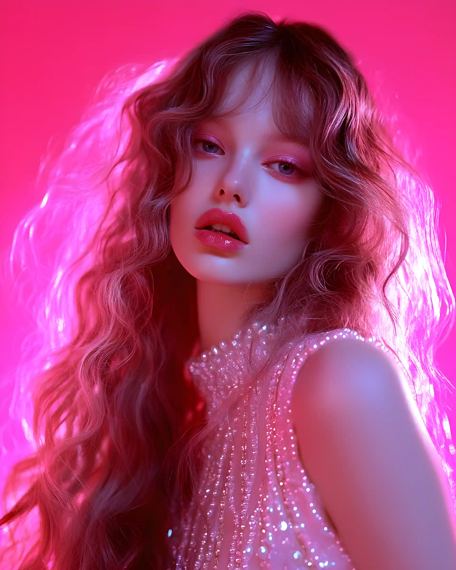 Pearlescent fashion woman with wavy hair full body portrait